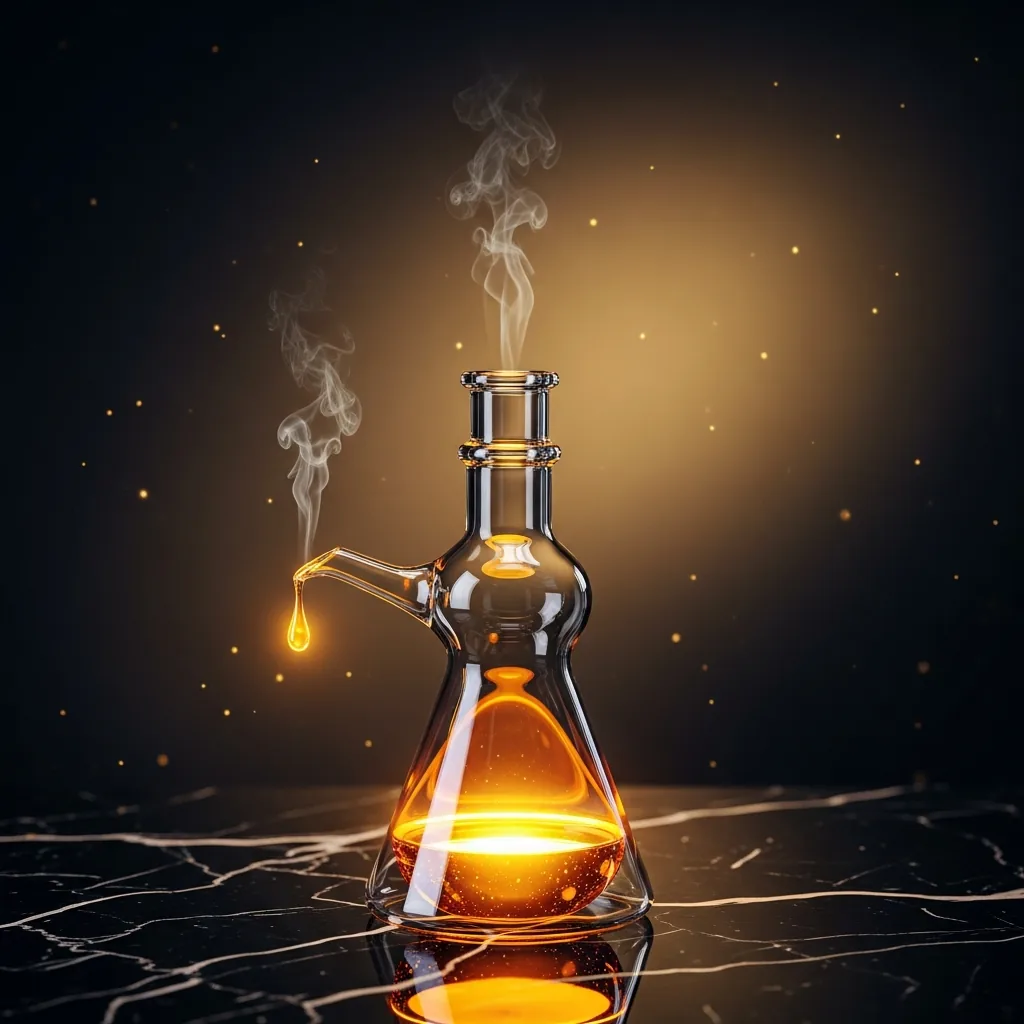 Glaskolben, aus dem ein einzelner Tropfen flüssiges Gold fällt