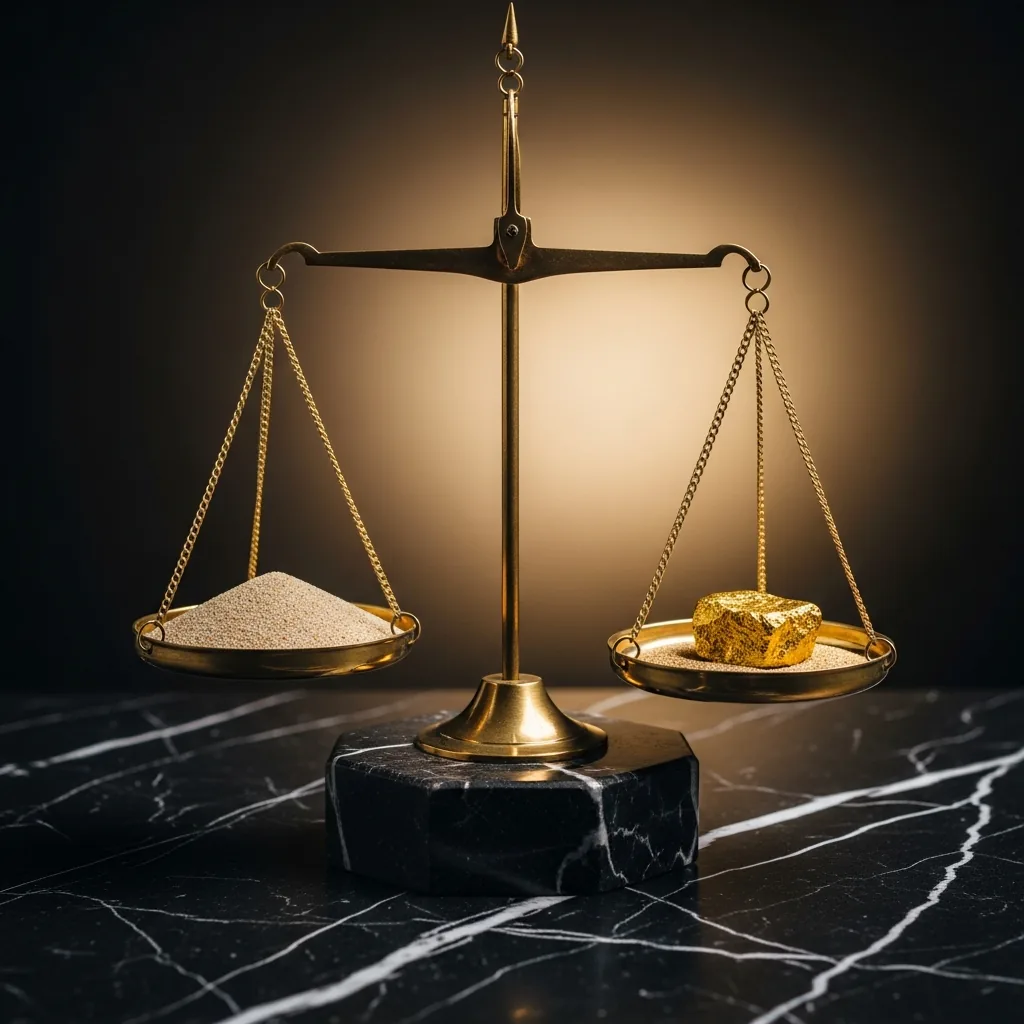 Eine Messingwaage im Gleichgewicht: links Sand, rechts ein Goldklumpen