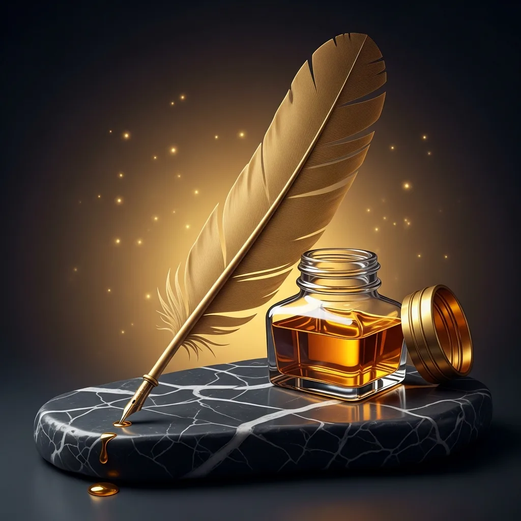Messingfeder und Tintenfass mit flüssigem Gold