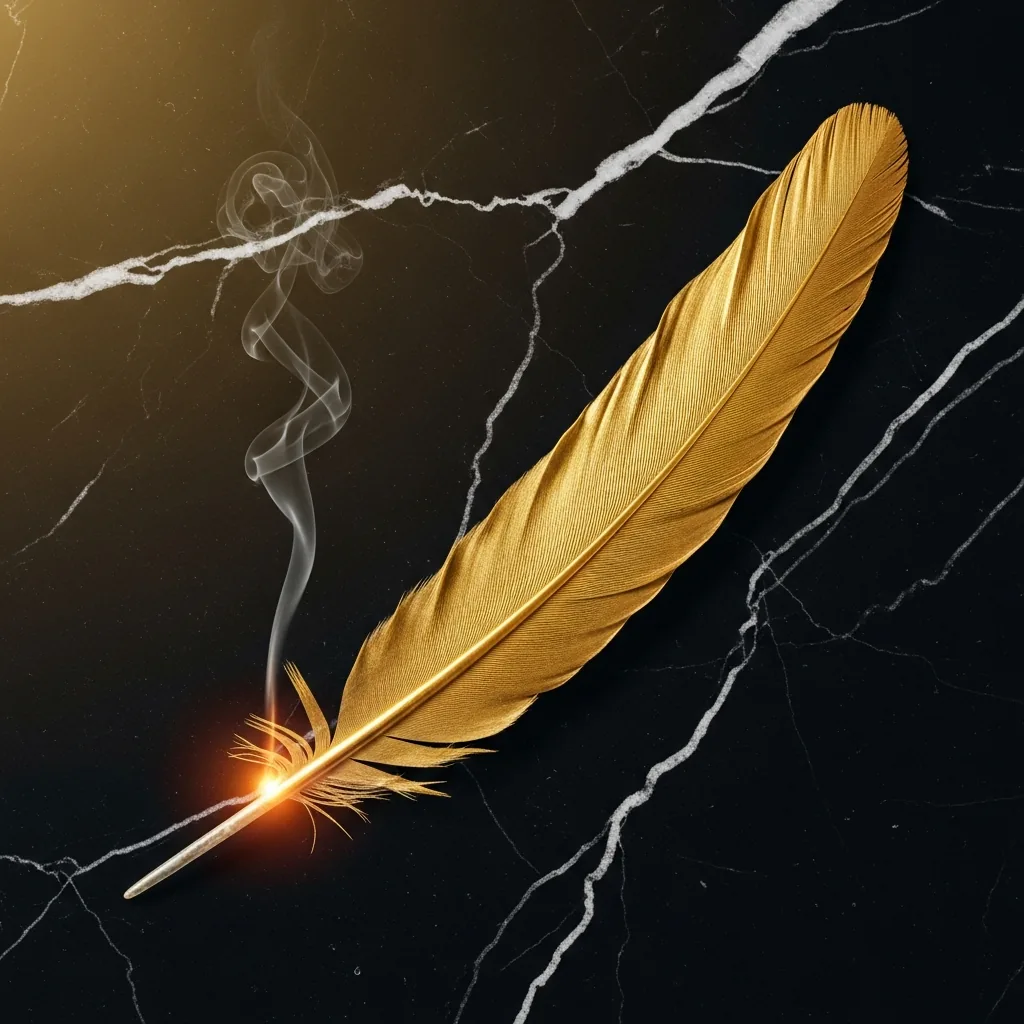 Eine lange goldene Feder, deren Spitze wie Glut leuchtet